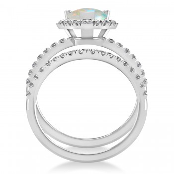 Opal & Diamonds Pear-Cut Halo Bridal Set 14K White Gold (1.81ct)