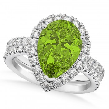 Peridot & Diamonds Pear-Cut Halo Bridal Set 14K White Gold (2.18ct)