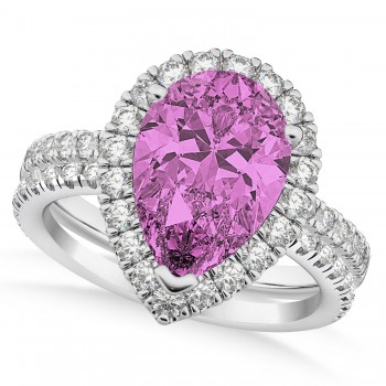 Pink Sapphire & Diamonds Pear-Cut Halo Bridal Set 14K White Gold (3.28ct)