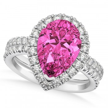 Pink Tourmaline & Diamonds Pear-Cut Halo Bridal Set 14K White Gold (2.18ct)