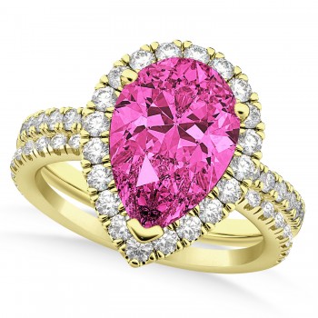 Pink Tourmaline & Diamonds Pear-Cut Halo Bridal Set 14K Yellow Gold (2.18ct)