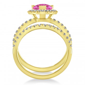 Pink Tourmaline & Diamonds Pear-Cut Halo Bridal Set 14K Yellow Gold (2.18ct)