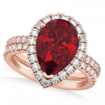 Ruby & Diamonds Pear-Cut Halo Bridal Set 14K Rose Gold (3.28ct)