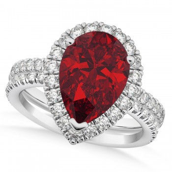 Ruby & Diamonds Pear-Cut Halo Bridal Set 14K White Gold (3.28ct)