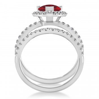 Ruby & Diamonds Pear-Cut Halo Bridal Set 14K White Gold (3.28ct)