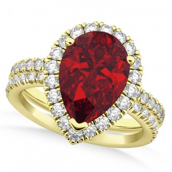 Ruby & Diamonds Pear-Cut Halo Bridal Set 14K Yellow Gold (3.28ct)