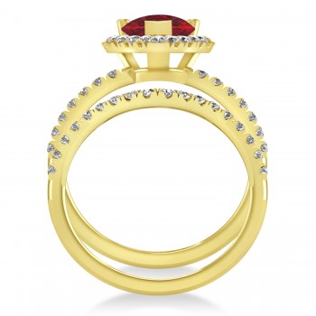 Ruby & Diamonds Pear-Cut Halo Bridal Set 14K Yellow Gold (3.28ct)