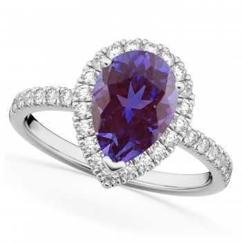 Pear Cut Halo Lab Alexandrite & Diamond Engagement Ring 14K White Gold 2.21ct