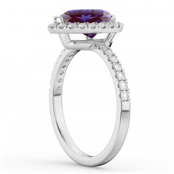 Pear Cut Halo Lab Alexandrite & Diamond Engagement Ring 14K White Gold 2.21ct