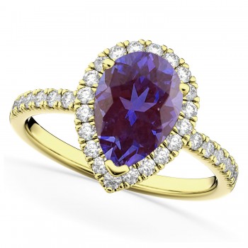 Pear Cut Halo Lab Alexandrite & Diamond Engagement Ring 14K Yellow Gold 2.21ct