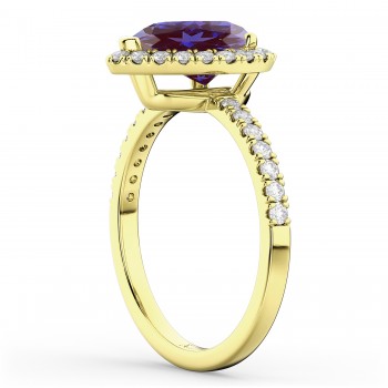 Pear Cut Halo Lab Alexandrite & Diamond Engagement Ring 14K Yellow Gold 2.21ct
