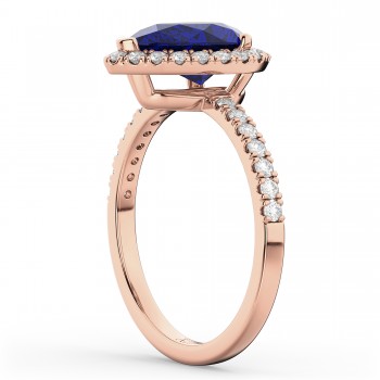 Pear Cut Halo Lab Blue Sapphire & Lab Diamond Engagement Ring 14K Rose Gold 3.01ct