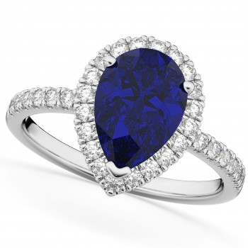 Pear Cut Halo Lab Blue Sapphire & Lab Diamond Engagement Ring 14K White Gold 3.01ct