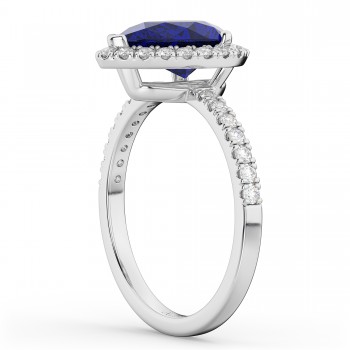 Pear Cut Halo Lab Blue Sapphire & Lab Diamond Engagement Ring 14K White Gold 3.01ct