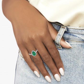 Pear Cut Halo Lab Emerald & Lab Diamond Engagement Ring 14K White Gold 3.21ct
