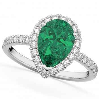 Pear Cut Halo Emerald & Diamond Engagement Ring 14K White Gold 3.21ct