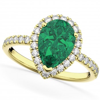 Pear Cut Halo Lab Emerald & Lab Diamond Engagement Ring 14K Yellow Gold 3.21ct