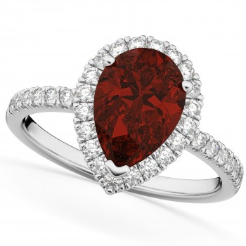 Pear Cut Halo Garnet & Diamond Engagement Ring 14K White Gold 2.31ct