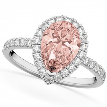 Pear Cut Halo Morganite & Diamond Engagement Ring 14K White Gold 2.51ct