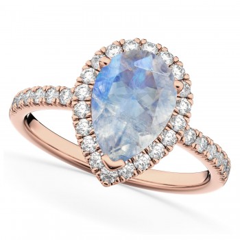 Pear Cut Halo Moonstone & Diamond Engagement Ring 14K Rose Gold 2.51ct