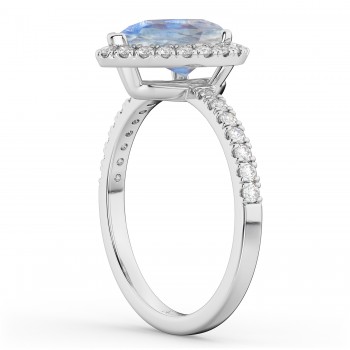 Pear Cut Halo Moonstone & Diamond Engagement Ring 14K White Gold 2.51ct