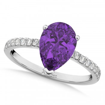 Pear Cut Sidestone Accented Amethyst & Diamond Engagement Ring 14K White Gold 1.91ct