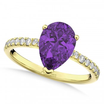 Pear Cut Sidestone Accented Amethyst & Diamond Engagement Ring 14K Yellow Gold 1.91ct