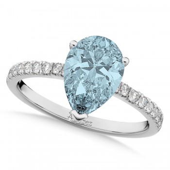 Pear Cut Sidestone Accented Aquamarine & Diamond Engagement Ring 14K White Gold 2.06ct