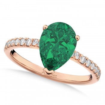 Pear Cut Sidestone Accented Emerald & Diamond Engagement Ring 14K Rose Gold 2.81ct