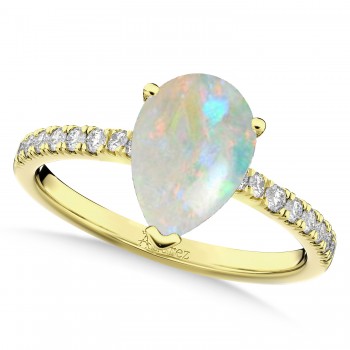 Pear Cut Sidestone Accented Opal & Diamond Engagement Ring 14K Yellow Gold 1.24ct