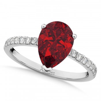 Pear Cut Sidestone Accented Ruby & Diamond Engagement Ring 14K White Gold 2.71ct