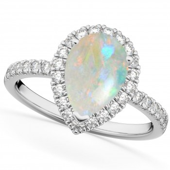 Pear Cut Halo Opal & Diamond Engagement Ring 14K White Gold 1.54ct