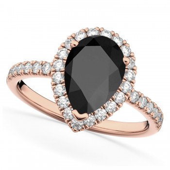 Pear Cut Halo Black Onyx & Diamond Engagement Ring 14K Rose Gold 2.21ct