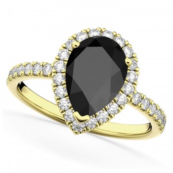 Pear Cut Halo Black Onyx & Diamond Engagement Ring 14K Yellow Gold 2.21ct