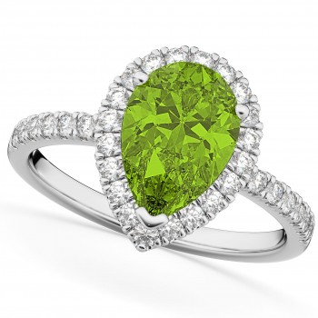 Pear Cut Halo Peridot & Diamond Engagement Ring 14K White Gold 1.91ct