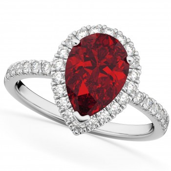 Pear Cut Halo Ruby & Diamond Engagement Ring 14K White Gold 3.01ct