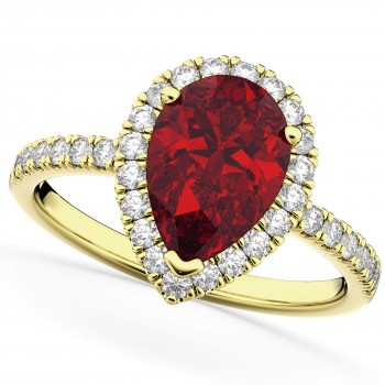 Pear Cut Halo Ruby & Diamond Engagement Ring 14K Yellow Gold 3.01ct