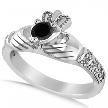 Black & White Diamond Claddagh Engagement Ring in 14k White Gold (0.42ct)