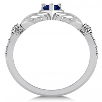 Blue Sapphire & Diamond Claddagh Engagement Ring in 14k White Gold (0.42ct)