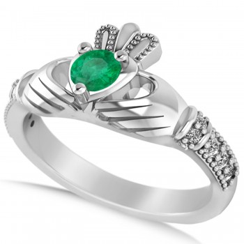 Emerald & Diamond Claddagh Engagement Ring in 14k White Gold (0.42ct)