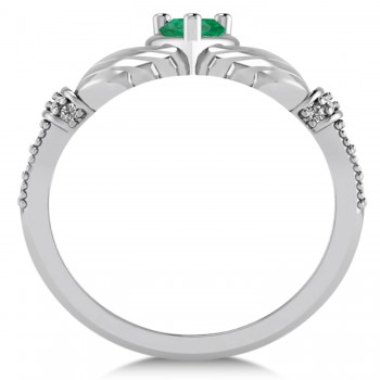 Emerald & Diamond Claddagh Engagement Ring in 14k White Gold (0.42ct)