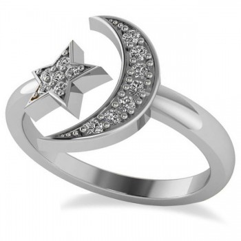 Crescent Moon and Star Diamond Ring 14k White Gold (0.17ct)