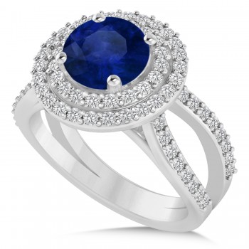 Double Halo Blue Sapphire Engagement Ring 14k White Gold (2.27ct)