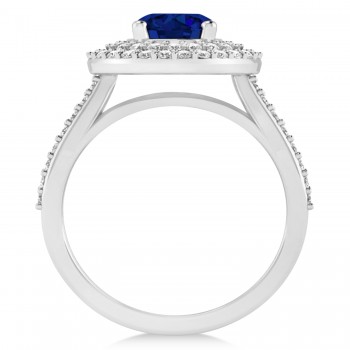 Double Halo Blue Sapphire Engagement Ring 14k White Gold (2.27ct)