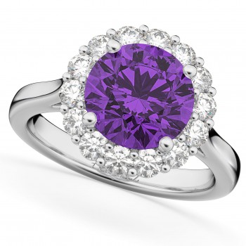 Halo Round Amethyst & Diamond Engagement Ring 14K White Gold 3.26ct