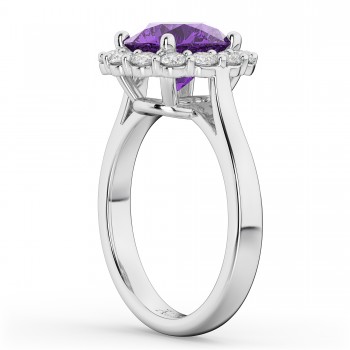 Halo Round Amethyst & Diamond Engagement Ring 14K White Gold 3.26ct