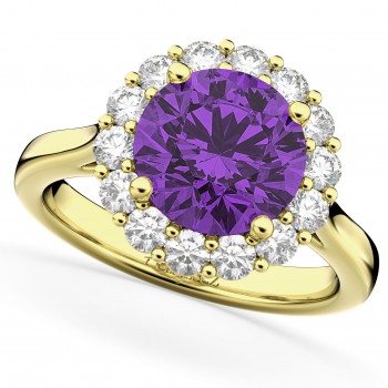 Halo Round Lab Amethyst & Lab Grown Diamond Engagement Ring 14K Yellow Gold 3.26ct
