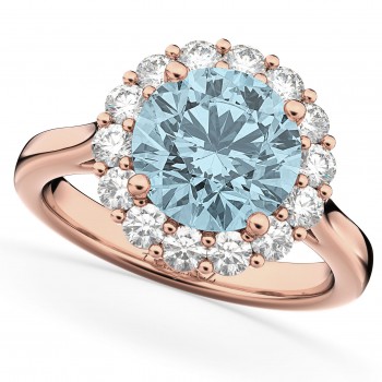 Halo Round Lab Aquamarine & Lab Grown Diamond Engagement Ring 14K Rose Gold 3.70ct