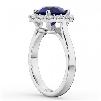 Halo Round Blue Sapphire & Diamond Engagement Ring 14K White Gold 4.45ct