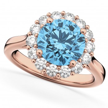 Halo Round Lab Blue Topaz & Lab Grown Diamond Engagement Ring 14K Rose Gold 4.45ct